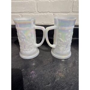 Vintage Federal Glass Moonglow White Opalescent Mugs Steins (2) bar scene